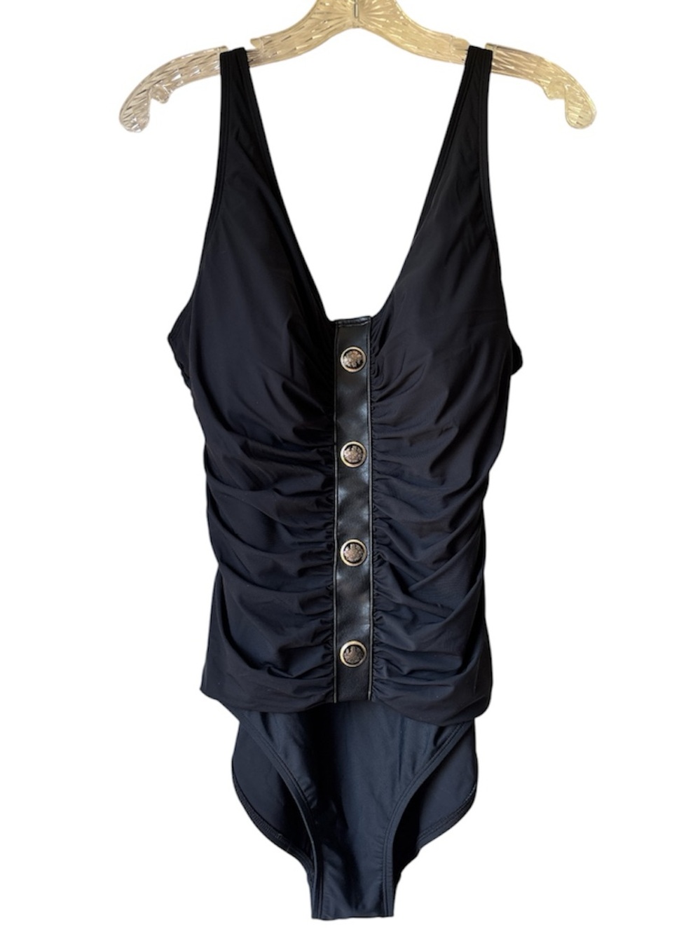 BEYOND CONTROL Black Ruched 1-Piece Faux Leather Button Placket Sz14 Retail $140